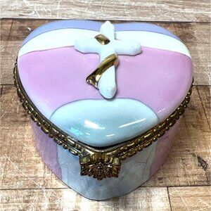 Heart-Shaped Ceramic Trinket Box With Cross & Gold Accents